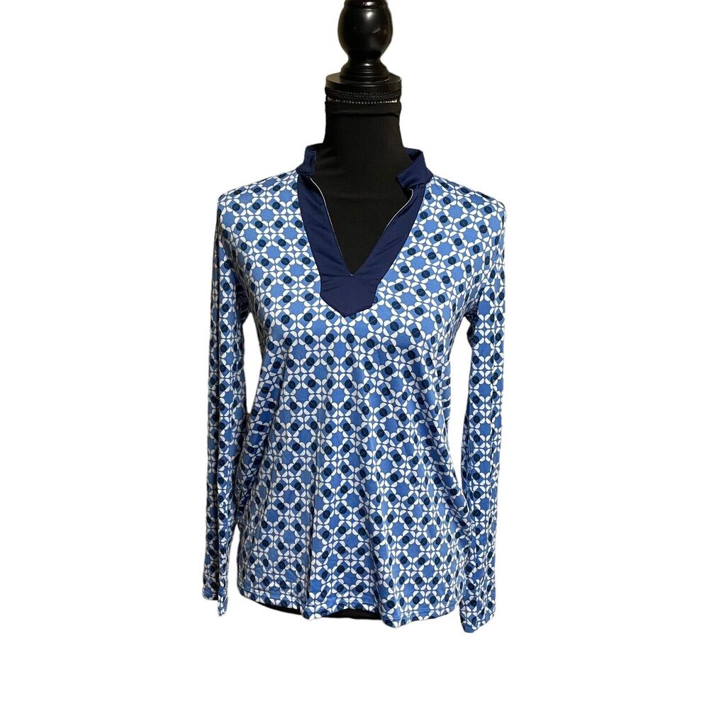 Mudpie Long Sleeve Top Small Geometric Blue White Vneck